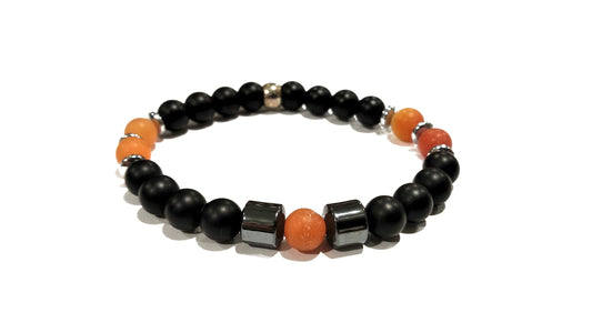 Bracciale in pietre naturali e acciaio con inserto decorativo in metallo brunito "D.3"