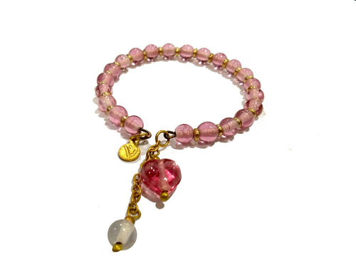 racciale rigido in perline di vetro con pendente cuore e sfera Vestopazzo rosa chiaro