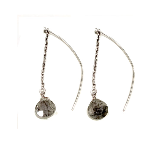 Orecchini in argento con catenina e pendente in quarzo fumè
