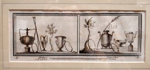 Incisione d'antiquariato "Antichità di Ercolano Esposte: Decorazione parietale con vasellame"