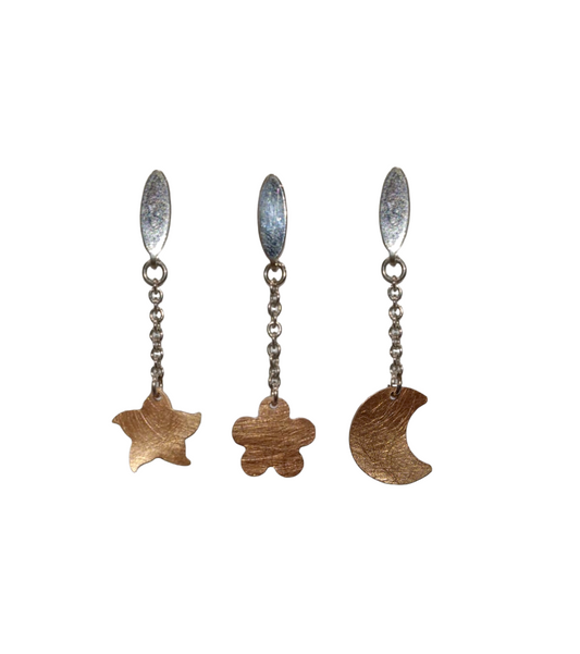 Orecchini pendenti in argento e laminato rame con charms