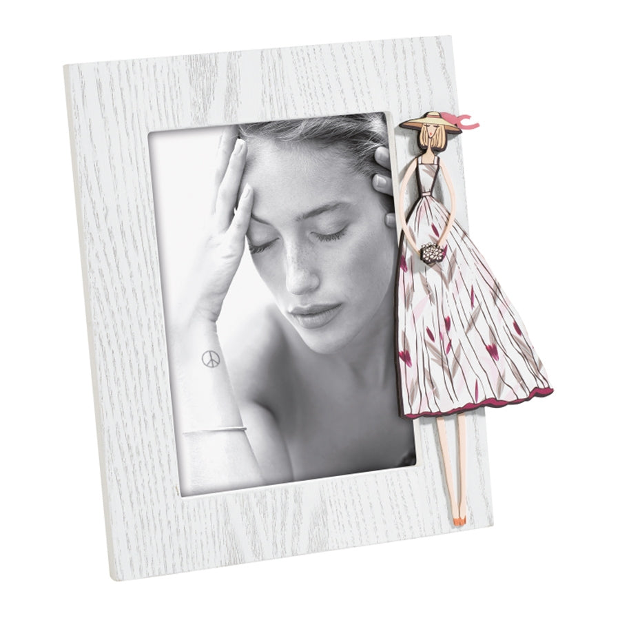 Portafoto in legno con decoro donna glamour con cappellino