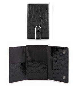 Porta carte di credito in pelle effetto rettile con tasca portasoldi e protezione antifrode Piquadro  nero effetto cocco