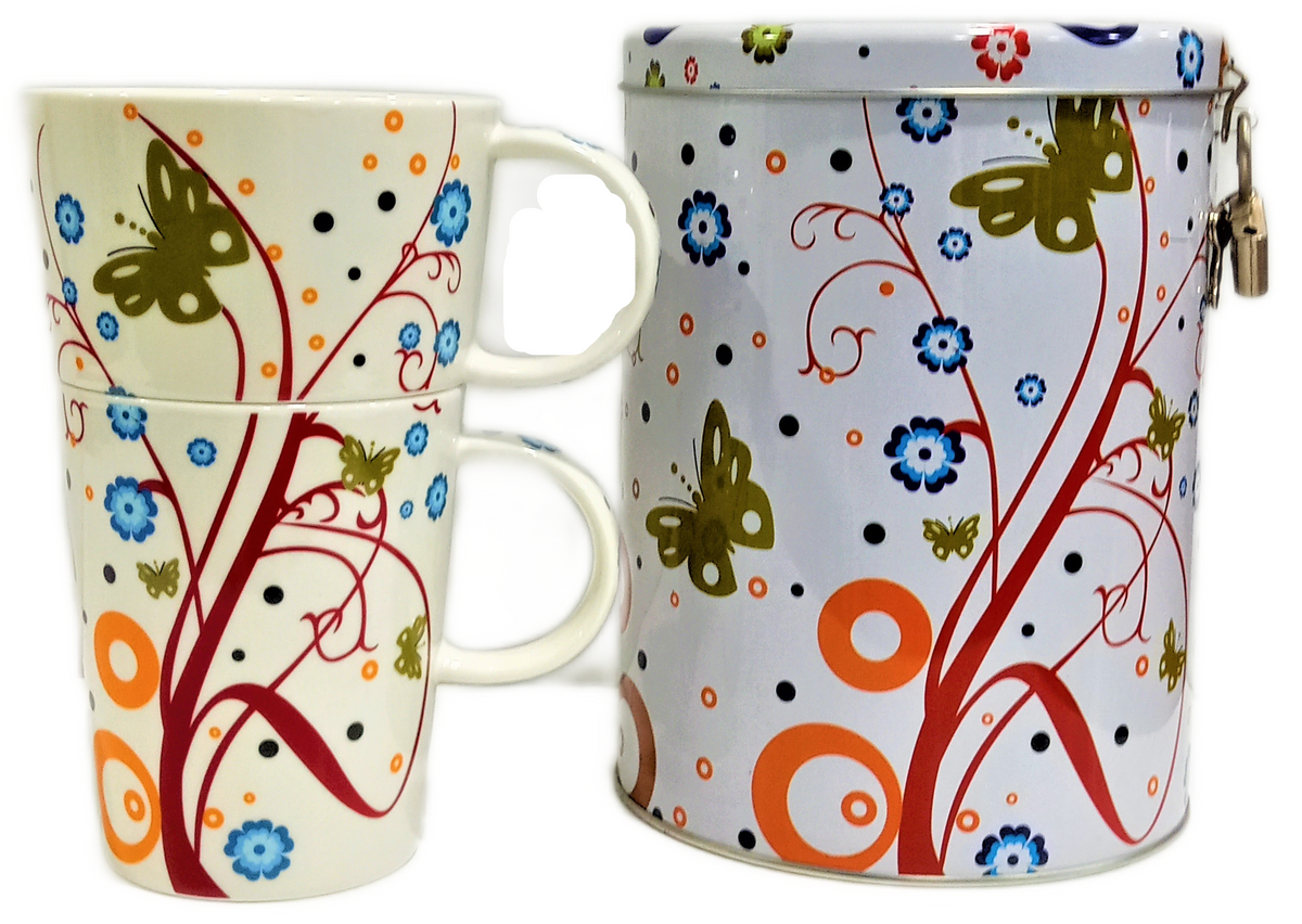 Set due tazze con scatola in latta