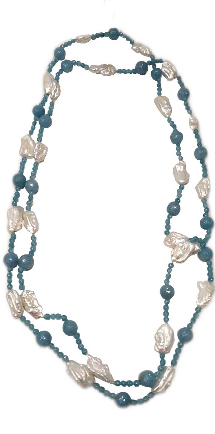 Collana lunga in Agata Celestina e madreperla