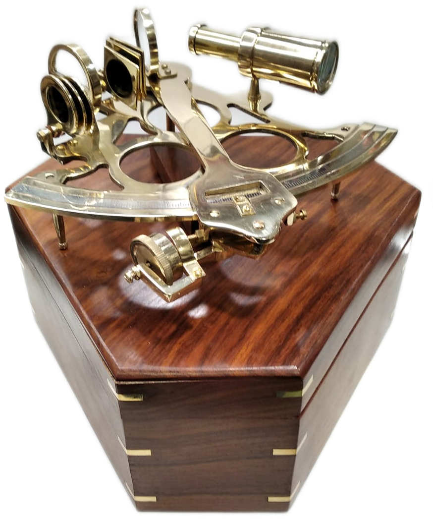 Sestante in ottone con cofanetto in legno (disponibile in tre dimensioni)