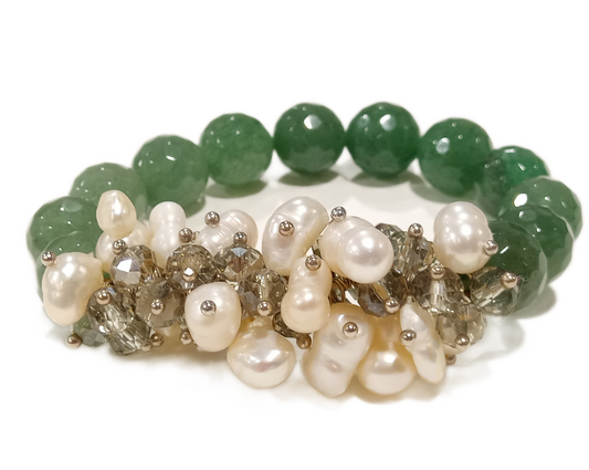 Bracciale in pietre dure naturali verdi e perle
